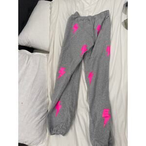 Grey and pink lightning bolt sweatpants